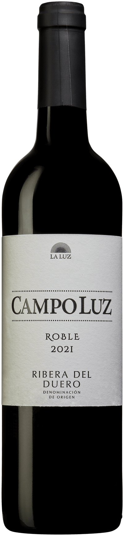 En lättare glasflaska med Campo Luz Roble 2021, ett rött vin från Kastilien-León i Spanien