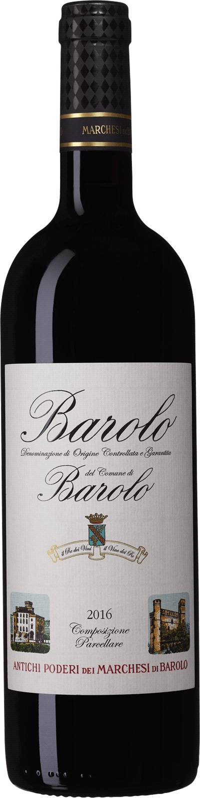 En glasflaska med Cantine dei Marchesi Barolo dei Comune di Barolo 2016, ett rött vin från Italien