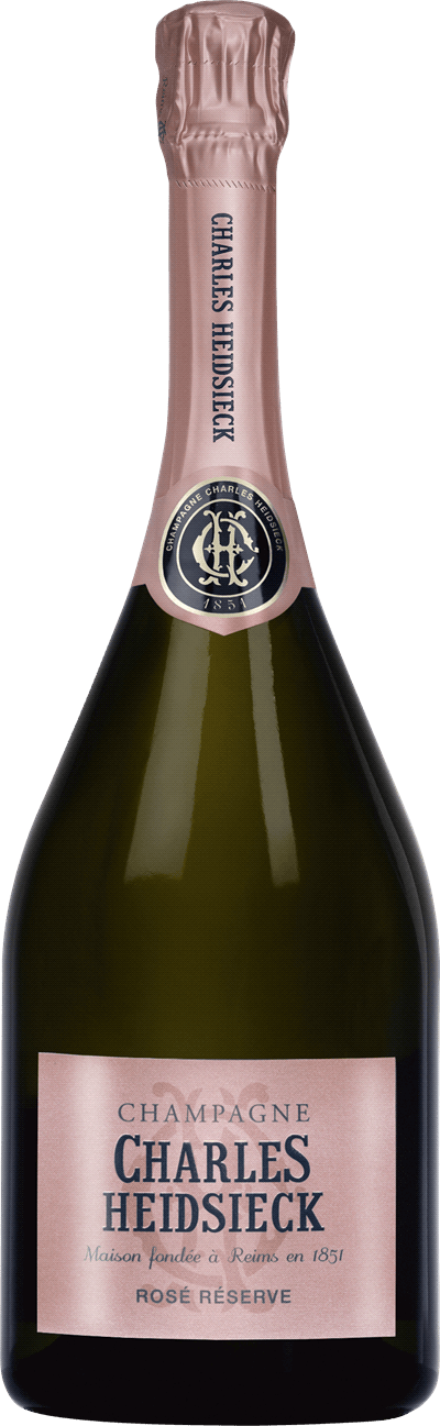 En glasflaska med Charles Heidsieck Rosé Réserve MV, ett champagne från Champagne i Frankrike