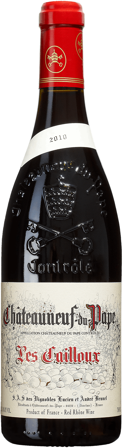 En glasflaska med Châteauneuf-du-Pape Les Cailloux Domaine André Brunel 2020, ett rött vin från Rhonedalen i Frankrike