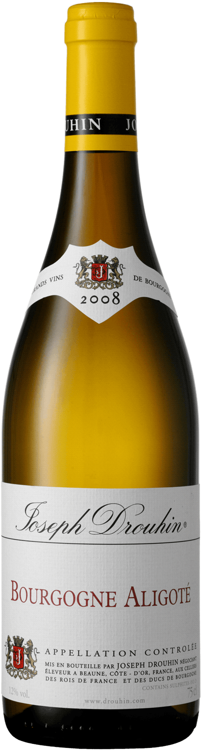 En glasflaska med Bourgogne Aligoté Joseph Drouhin, 2022, ett vitt vin från Bourgogne i Frankrike