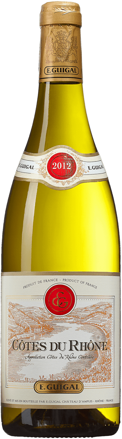En glasflaska med E. Guigal Côtes du Rhône Blanc 2022, ett vitt vin från Rhonedalen i Frankrike