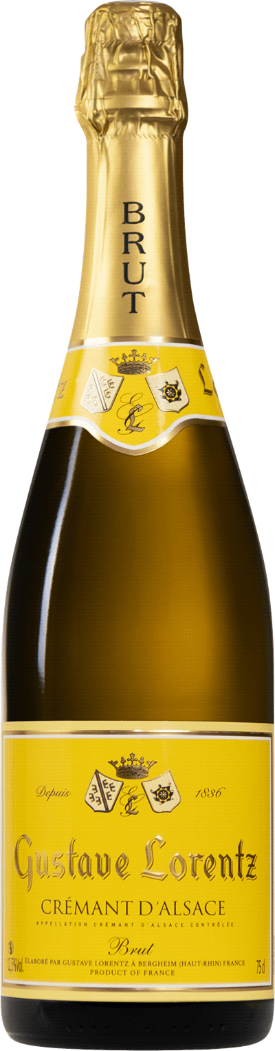 En glasflaska med Gustav Lorentz Crémant d’Alsace Brut, en mousserande från Alsace i Frankrike