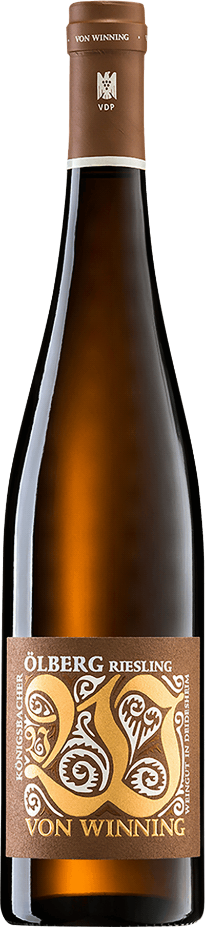 En glasflaska med Königsbacher Ölberg Riesling EL 2020, ett vitt vin från Pfalz i Tyskland