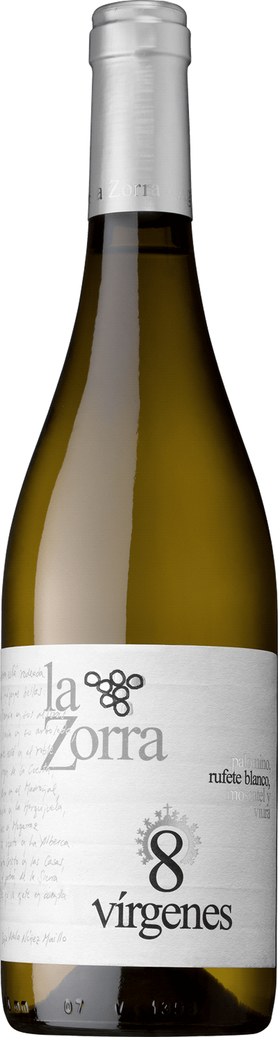 En glasflaska med La Zorra 8 Virgenes 2021, ett vitt vin från Kastilien-León i Spanien