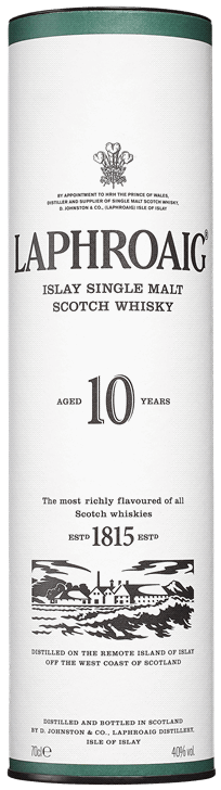 En glasflaska med Laphroaig 10 Years, en whisky från Skottland i Storbritannien