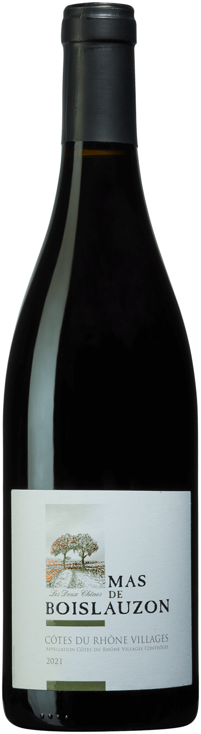 En lättare glasflaska med Mas de Boislauzon Côtes-du-Rhône Villages 2022, ett rött vin från Rhonedalen i Frankrike