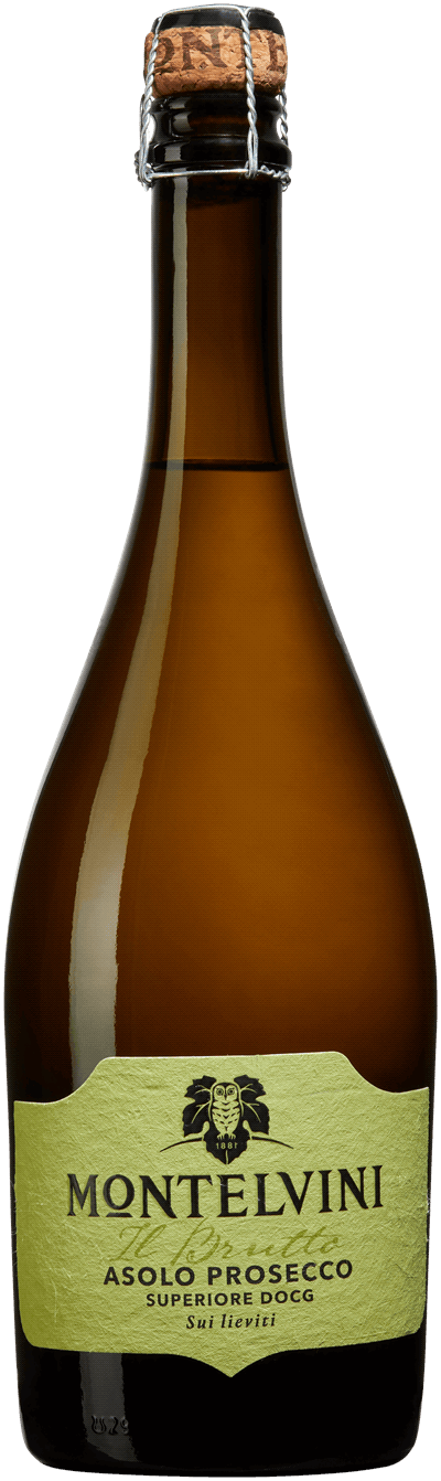 En glasflaska med Montelvini Il Brutto Asolo Prosecco Superiore DOCG Sui Lieviti 2022, en mousserande från Venetien i Italien