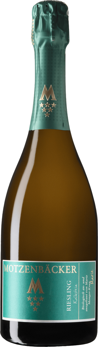 En glasflaska med Motzenbäcker Riesling Kalkstein Sekt Brut, en mousserande från Tyskland