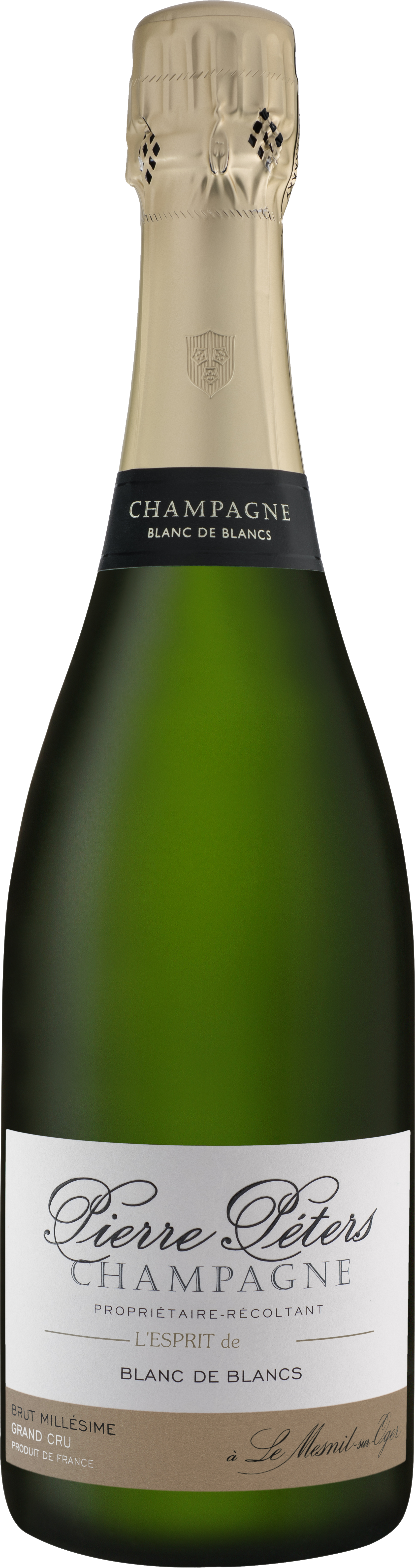 En glasflaska med Pierre Péters L’Esprit de Blanc de Blancs 2018, ett champagne från Champagne i Frankrike