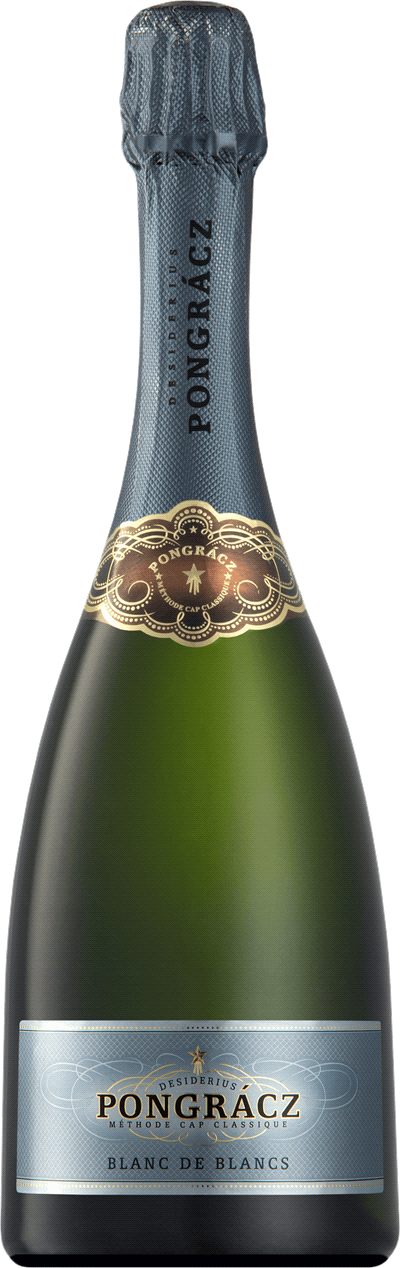 En glasflaska med Pongrácz Blanc de Blancs Brut, en mousserande från Western Cape i Sydafrika