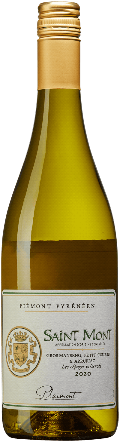 En lättare glasflaska med Saint Mont Les Cépages Préservés 2020, ett vitt vin från Frankrike sydväst i Frankrike