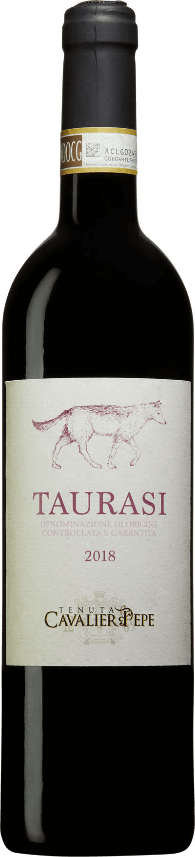 En glasflaska med Taurasi Tenuta Cavalier Pepe 2018, ett rött vin från Kampanien i Italien