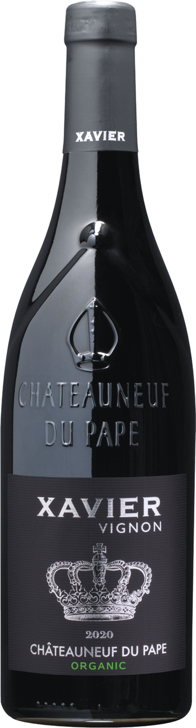 En glasflaska med Xavier Vignon Châteauneuf-du-Pape 2020, ett rött vin från Rhonedalen i Frankrike