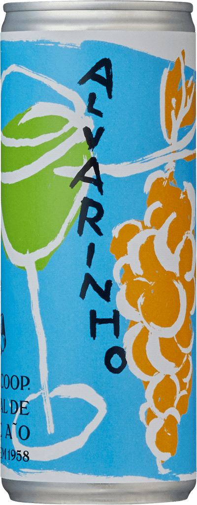 En burk med Adega de Monção Alvarinho 2021, ett vitt vin från Vinho Verde i Portugal