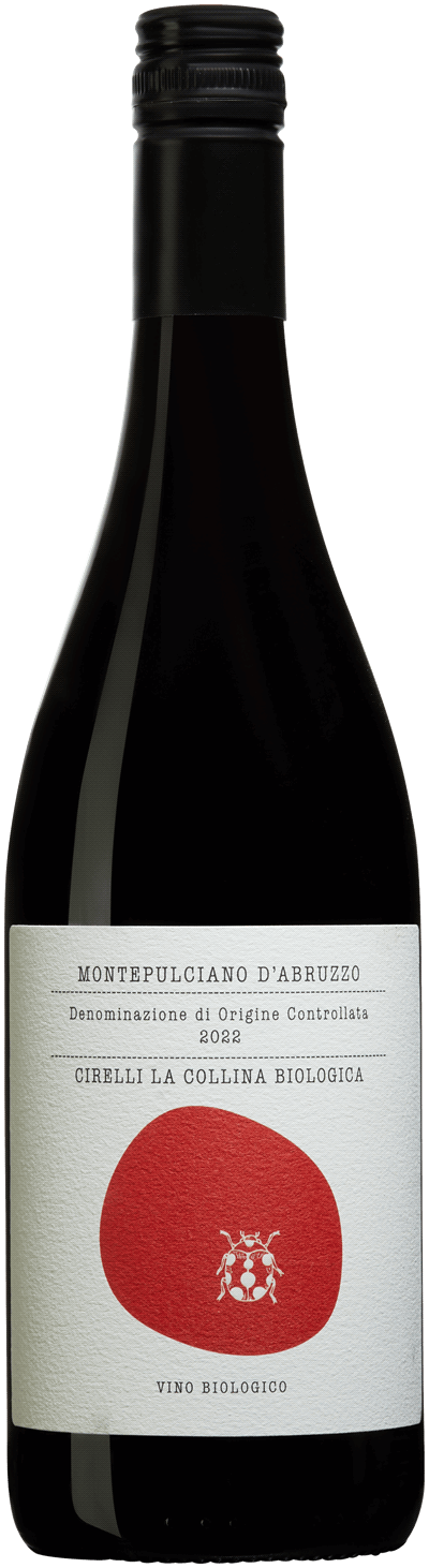 En glasflaska med Cirelli la Collina Biologica Montepulciano d'Abruzzo 2022, ett rött vin från Abruzzerna i Italien