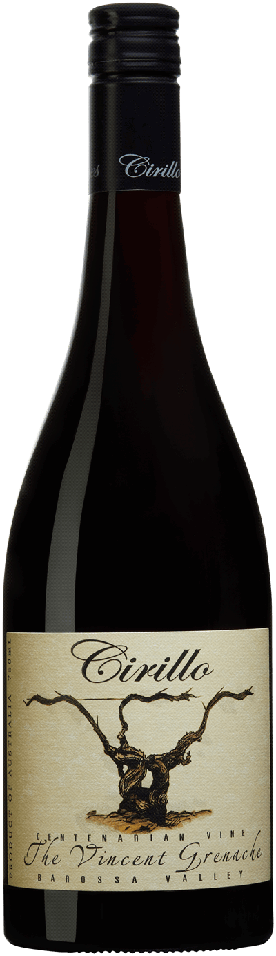 En glasflaska med Cirillo Estate The Vincent Grenache 2022, ett rött vin från Australien