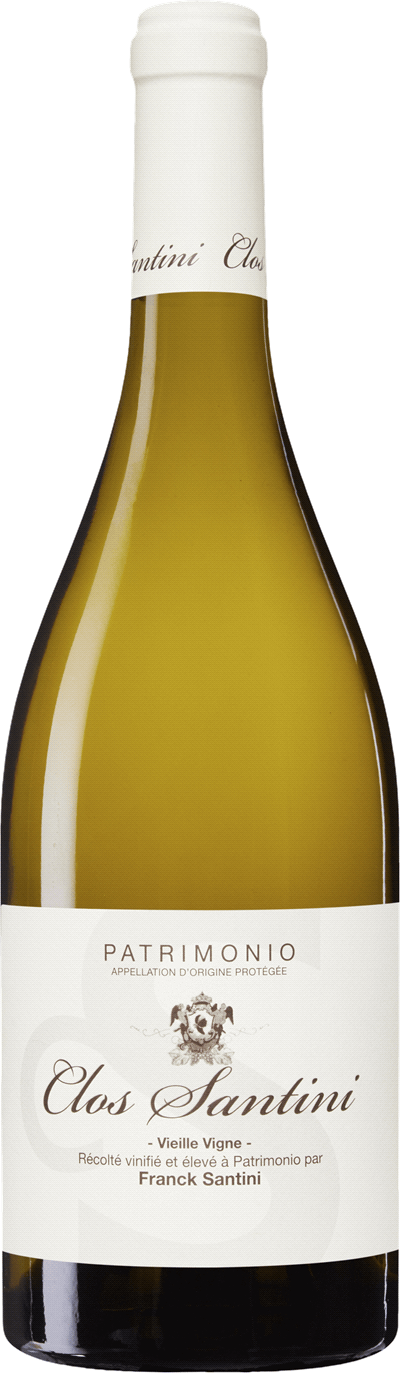 En glasflaska med Clos Santini Patrimonio Vieille Vigne Blanc 2021, ett vitt vin från Korsika i Frankrike