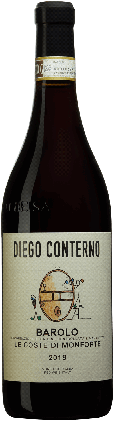 En glasflaska med Diego Conterno Barolo Le Coste di Monforte 2019, ett rött vin från Piemonte i Italien