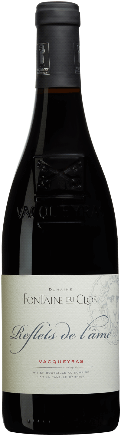 En glasflaska med Domaine Fontaine Du Clos Reflets de l’Âme Vacqueyras 2021, ett rött vin från Rhonedalen i Frankrike