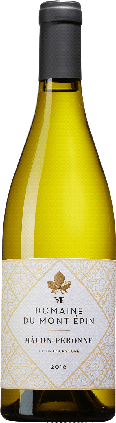En glasflaska med Domaine du Mont Épin Mâcon-Péronne 2021, ett vitt vin från Bourgogne i Frankrike