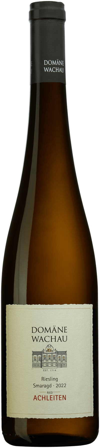 En glasflaska med Domäne Wachau Achleiten Riesling Smaragd 2022, ett vitt vin från Niederösterreich i Österrike