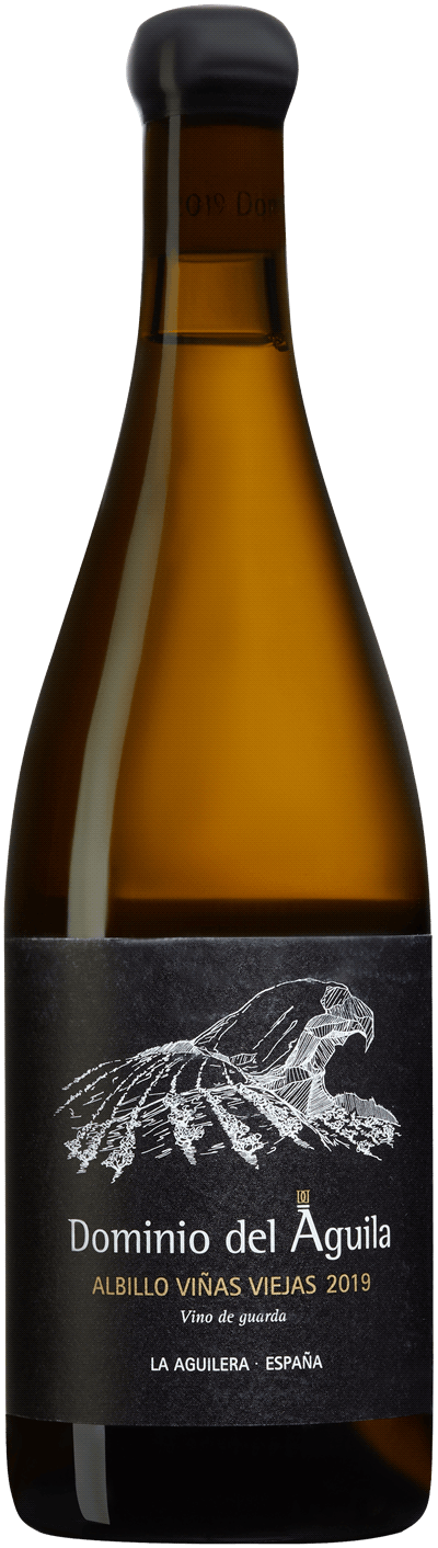 En glasflaska med Dominio del Aguila Albillo 2019, ett rött vin från Cuyo i Argentina