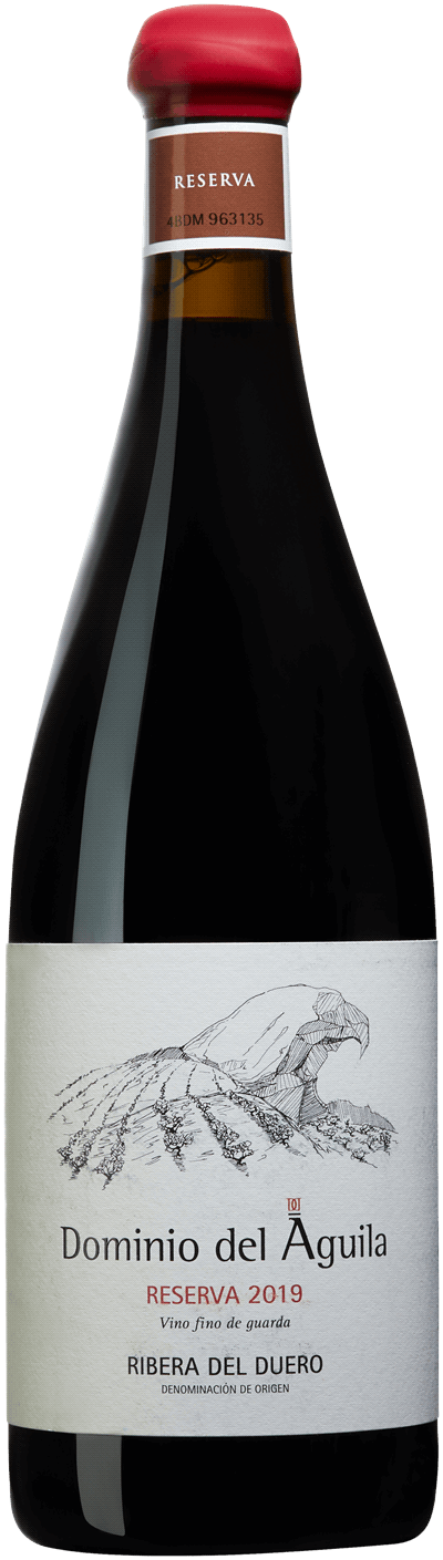 En glasflaska med Dominio del Aguila Reserva 2019, ett champagne från Champagne i Frankrike