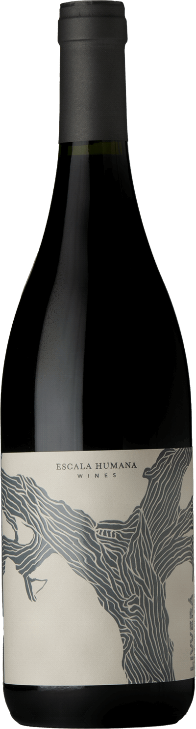En glasflaska med Escala Humana Livverá Sangiovese 2022, ett rött vin från Argentina