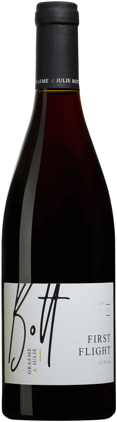En glasflaska med Graeme & Julie Bott First Flight Syrah 2021, ett rött vin från Rhonedalen i Frankrike