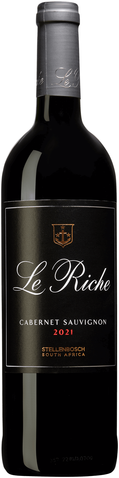 En lättare glasflaska med Le Riche Cabernet Sauvignon 2021, ett rött vin från Western Cape i Sydafrika