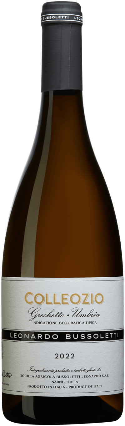 En glasflaska med Leonardo Bussoletti Colle Ozio 2022, ett vitt vin från Umbrien i Italien