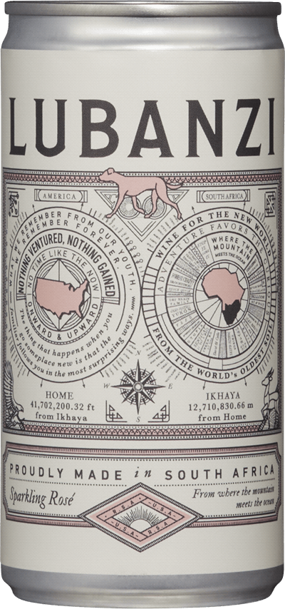 En burk med Lubanzi Sparkling Cinsault Rosé, en mousserande från Western Cape i Sydafrika