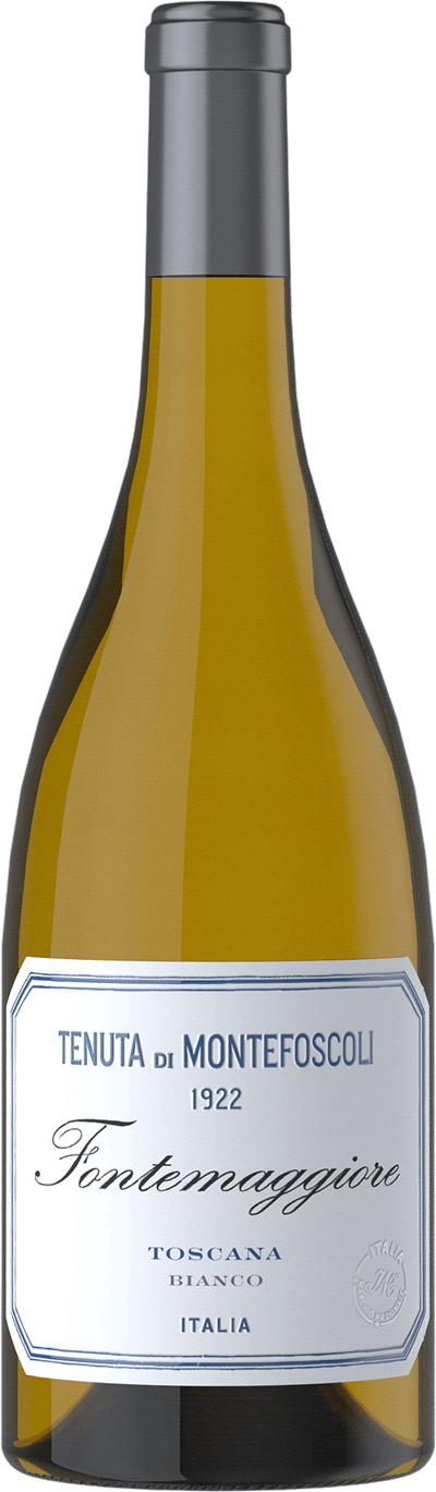En glasflaska med Montefoscoli Toscana Bianco Fontemaggiore 2021, ett vitt vin från Toscana i Italien