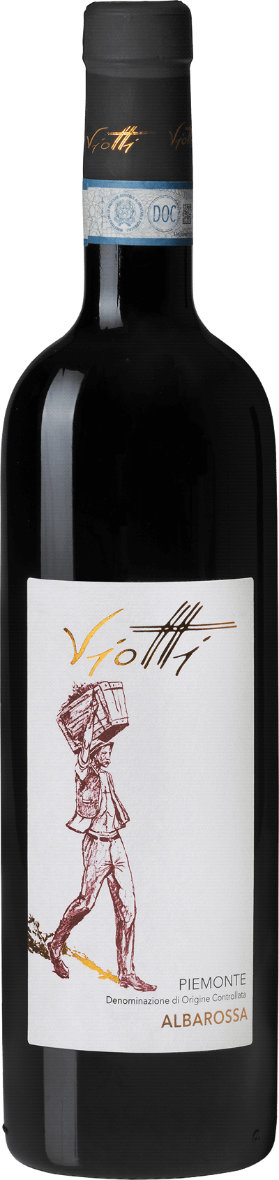 En glasflaska med Viotti Piemonte Albarossa 2016, ett rött vin från Piemonte i Italien