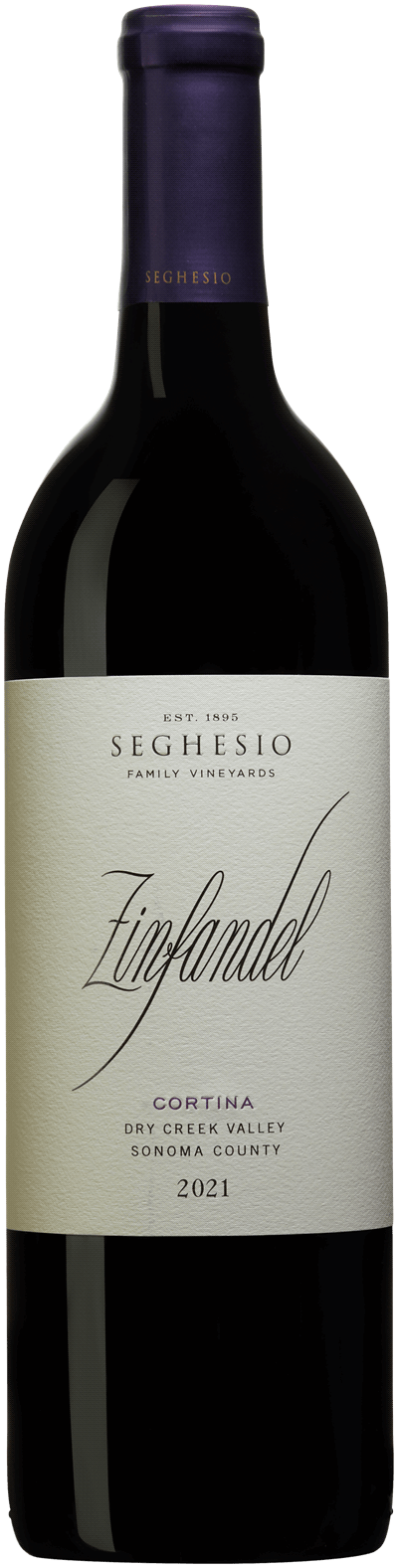 En glasflaska med Seghesio Cortina Zinfandel 2021, ett rött vin från Kalifornien i USA