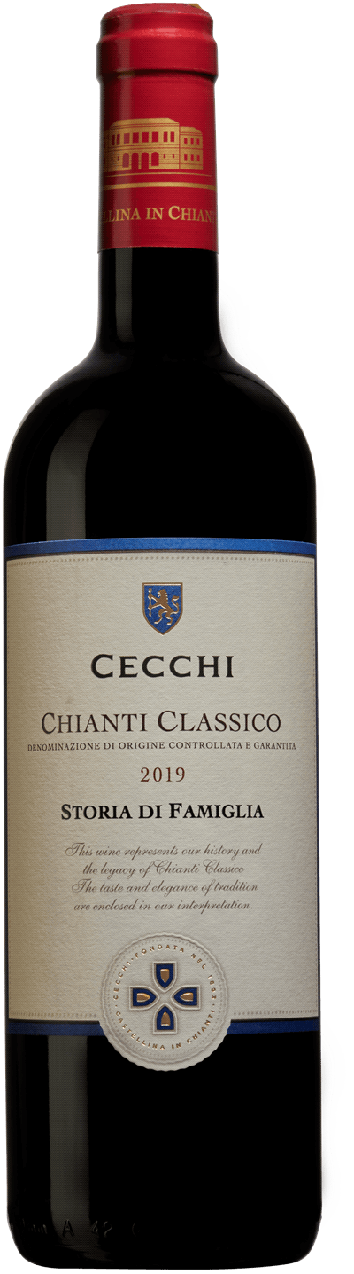 En lättare glasflaska med Storia di Famiglia Chianti Classico 2020, ett rött vin från Toscana i Italien