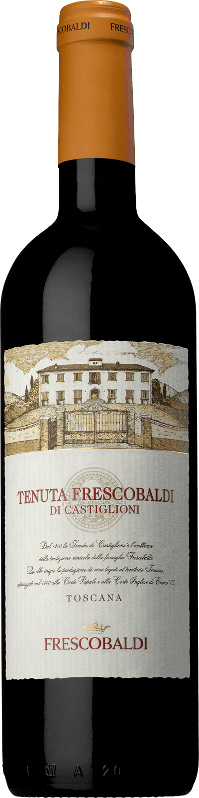 En glasflaska med Tenuta Frescobaldi di Castiglioni 2020, ett rött vin från Toscana i Italien