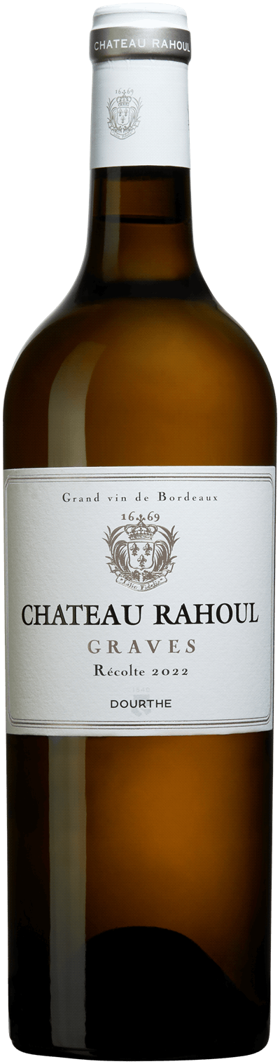 En glasflaska med Vignobles Dourthe Château Rahoul 2022, ett vitt vin från Bordeaux i Frankrike