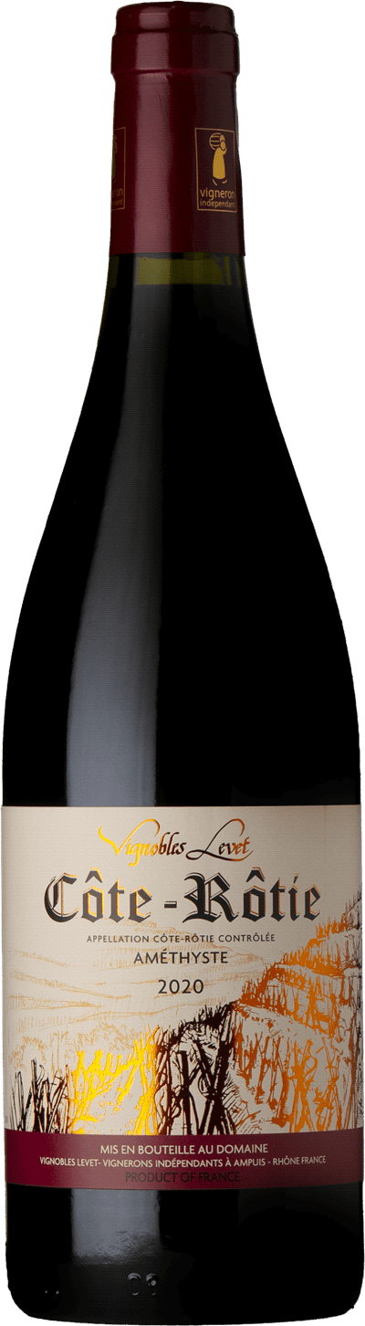 En glasflaska med Vignobles Levet Côte-Rôtie Améthyste 2020, ett vitt vin från Niederösterreich i Österrike