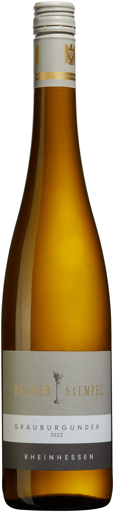 En glasflaska med Wagner Stempel Grauburgunder 2022, ett vitt vin från Rheinhessen i Tyskland