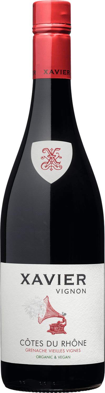 En lättare glasflaska med Xavier Vignon Côtes-du-Rhône Grenache Vieilles Vignes Organic 2021, ett rött vin från Rhonedalen i Frankrike