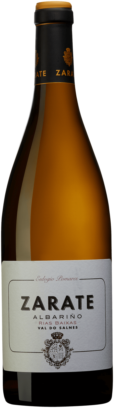 En glasflaska med Zarate Albariño 2022, ett vitt vin från Bourgogne i Frankrike