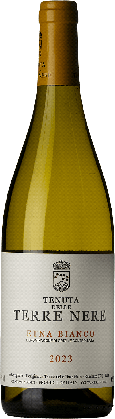 En glasflaska med Tenuta delle Terre Nere Etna Bianco 2023, ett vitt vin från Sicilien i Italien