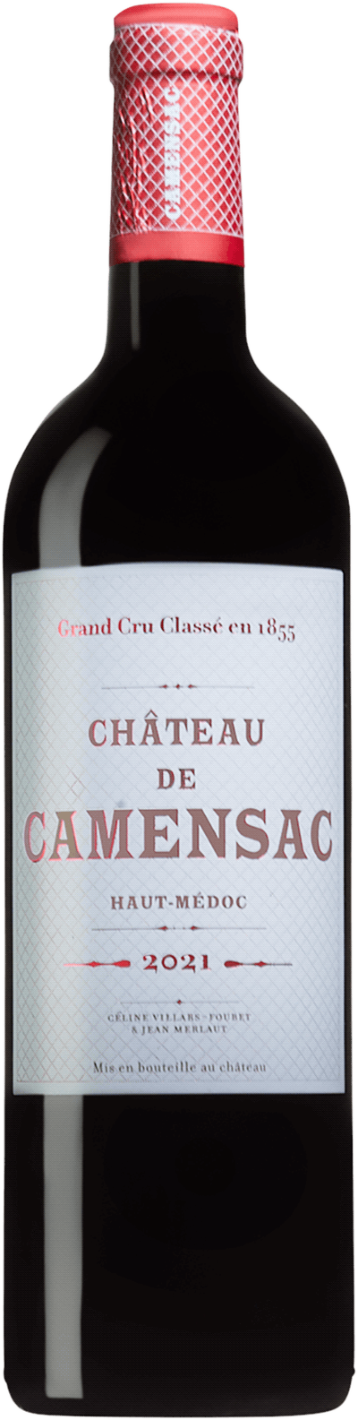 En glasflaska med Château de Camensac 2021, ett rött vin från Bordeaux i Frankrike