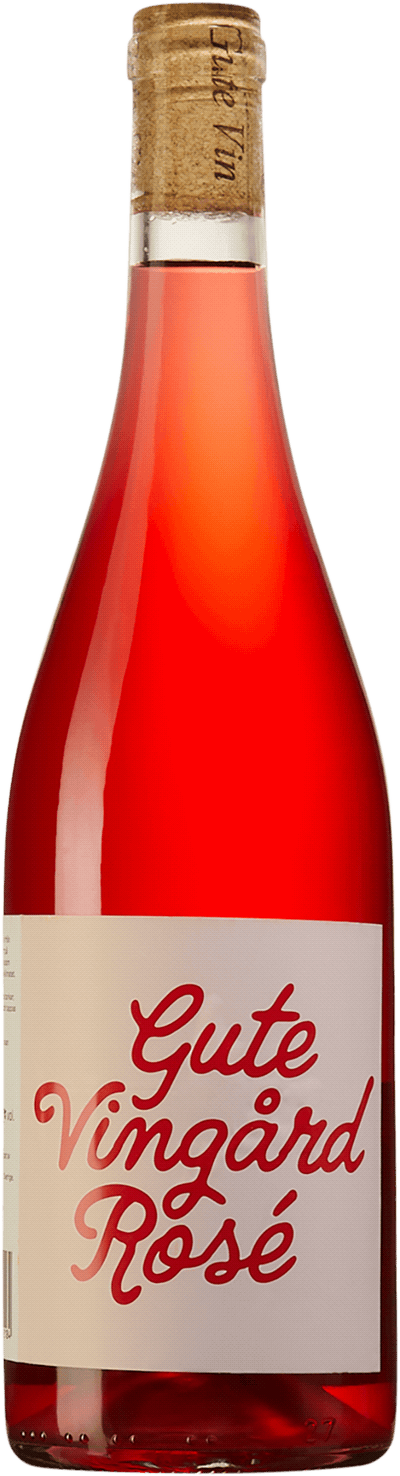 En lättare glasflaska med Gute Vingård Rosè 2023, en rosévin från Sverige