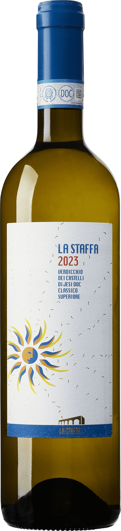 En lättare glasflaska med La Staffa Verdicchio dei Castelli di Jesi Classico Superiore 2023, ett vitt vin från Marche i Italien