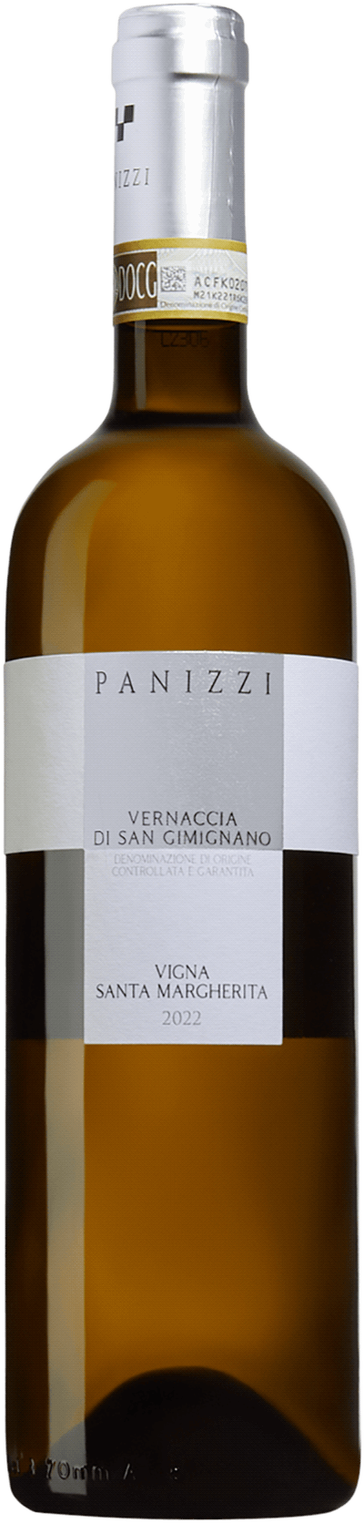 En glasflaska med Vernaccia di San Gimignano Vigna Santa Margherita 2022, ett vitt vin från Toscana i Italien