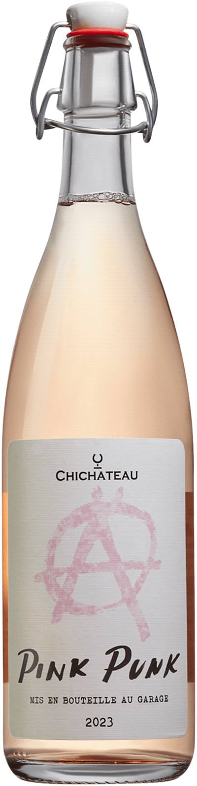 En glasflaska med Chichateau Pink Punk 2023, en rosévin från Serbien
