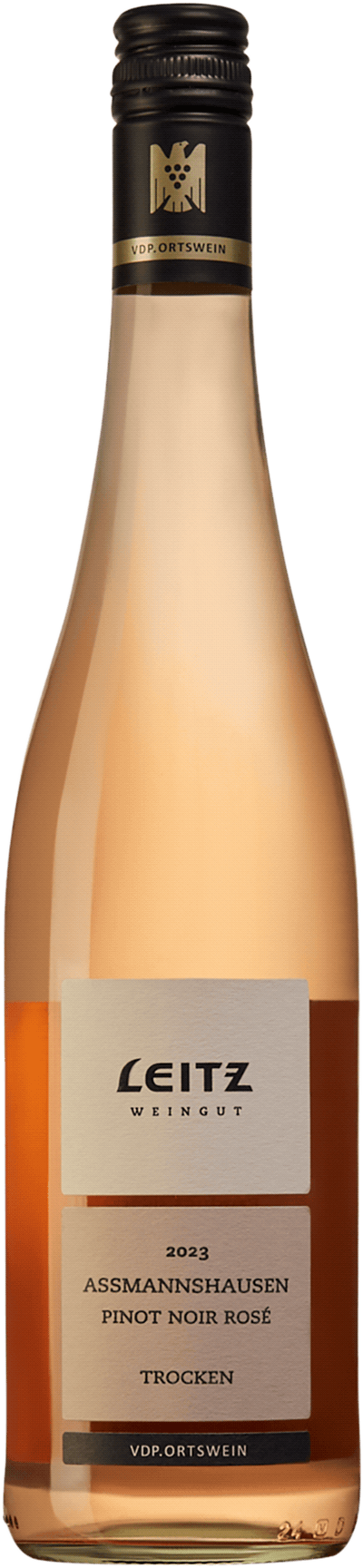En glasflaska med Leitz Assmanshausen Pinot Noir Rosé 2023, en rosévin från Rheingau i Tyskland